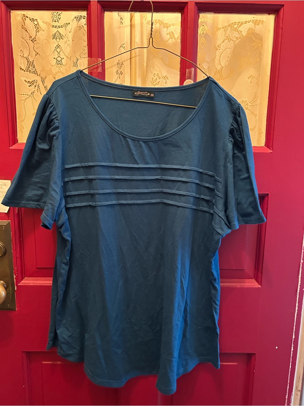 Ofeefan Teal Scoop Neck Pintuck Short Sleeve Top - Women's